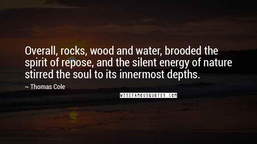 Thomas Cole Quotes: Overall, rocks, wood and water, brooded the spirit of repose, and the silent energy of nature stirred the soul to its innermost depths.