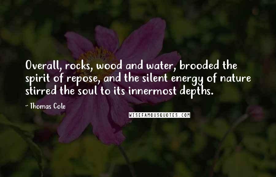Thomas Cole Quotes: Overall, rocks, wood and water, brooded the spirit of repose, and the silent energy of nature stirred the soul to its innermost depths.