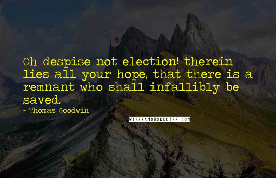 Thomas Goodwin Quotes: Oh despise not election! therein lies all your hope, that there is a remnant who shall infallibly be saved.