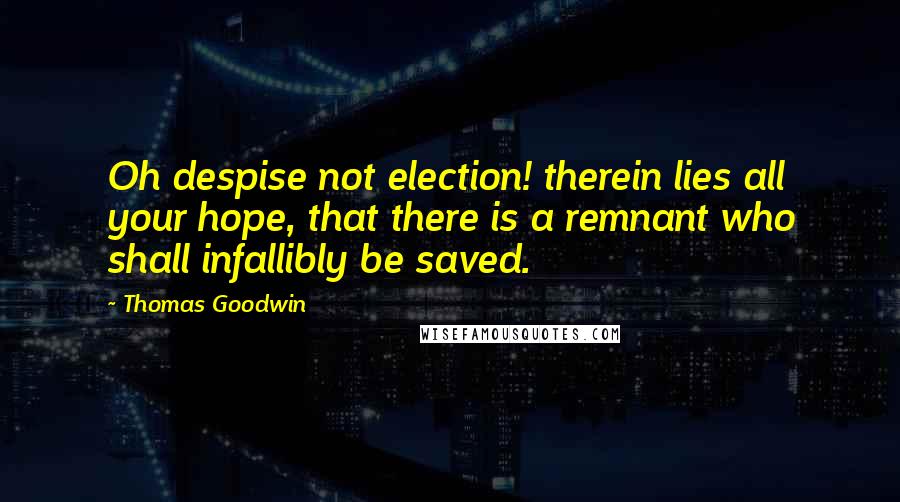 Thomas Goodwin Quotes: Oh despise not election! therein lies all your hope, that there is a remnant who shall infallibly be saved.
