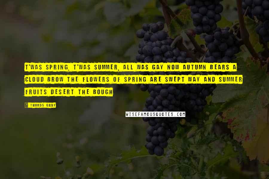 Thomas Gray Quotes: T'was Spring, t'was Summer, all was gay Now Autumn bears a cloud brow The flowers of Spring are swept way And Summer fruits desert the bough