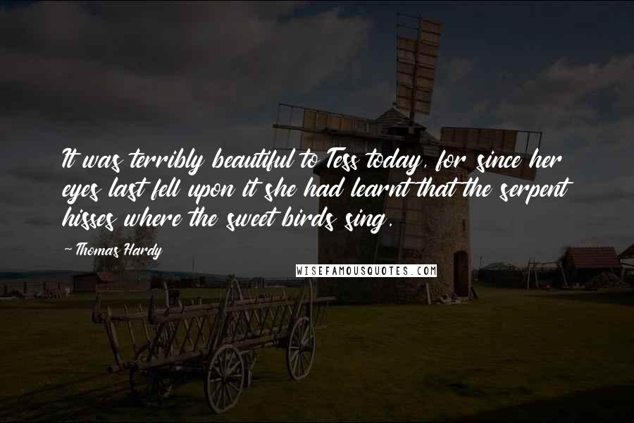 Thomas Hardy Quotes: It was terribly beautiful to Tess today, for since her eyes last fell upon it she had learnt that the serpent hisses where the sweet birds sing.