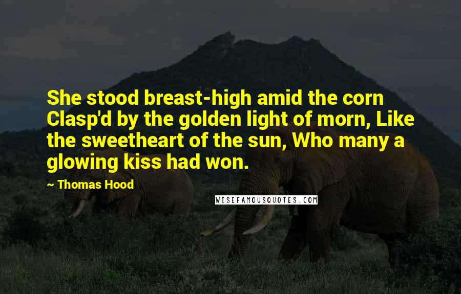 Thomas Hood Quotes: She stood breast-high amid the corn Clasp'd by the golden light of morn, Like the sweetheart of the sun, Who many a glowing kiss had won.