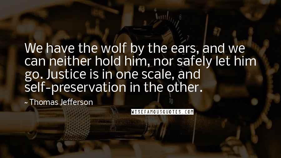 Thomas Jefferson Quotes: We have the wolf by the ears, and we can neither hold him, nor safely let him go. Justice is in one scale, and self-preservation in the other.