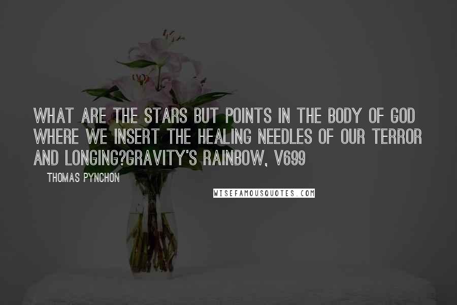 Thomas Pynchon Quotes: What are the stars but points in the body of God where we insert the healing needles of our terror and longing?Gravity's Rainbow, V699