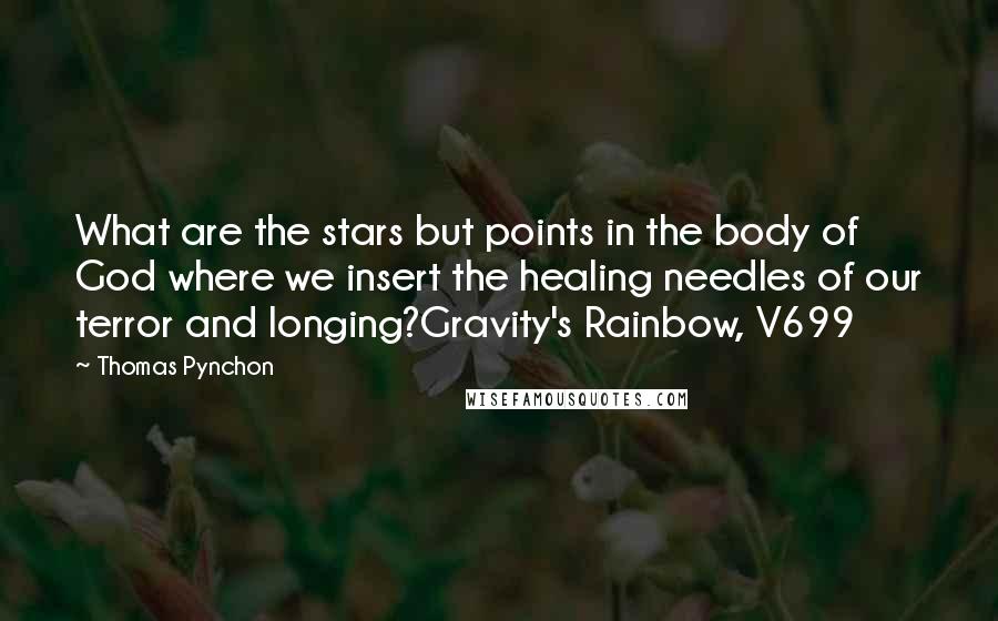 Thomas Pynchon Quotes: What are the stars but points in the body of God where we insert the healing needles of our terror and longing?Gravity's Rainbow, V699