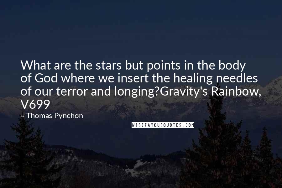 Thomas Pynchon Quotes: What are the stars but points in the body of God where we insert the healing needles of our terror and longing?Gravity's Rainbow, V699