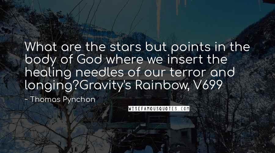 Thomas Pynchon Quotes: What are the stars but points in the body of God where we insert the healing needles of our terror and longing?Gravity's Rainbow, V699