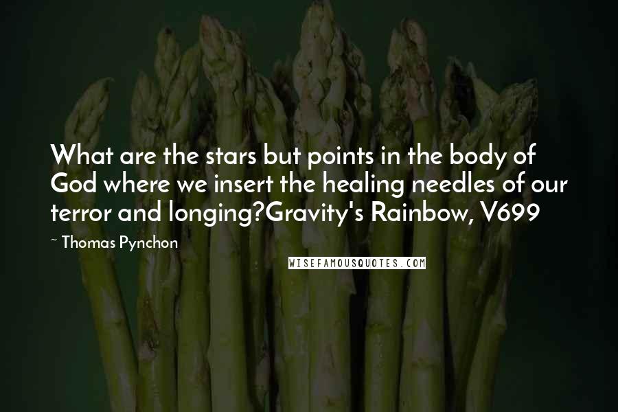 Thomas Pynchon Quotes: What are the stars but points in the body of God where we insert the healing needles of our terror and longing?Gravity's Rainbow, V699