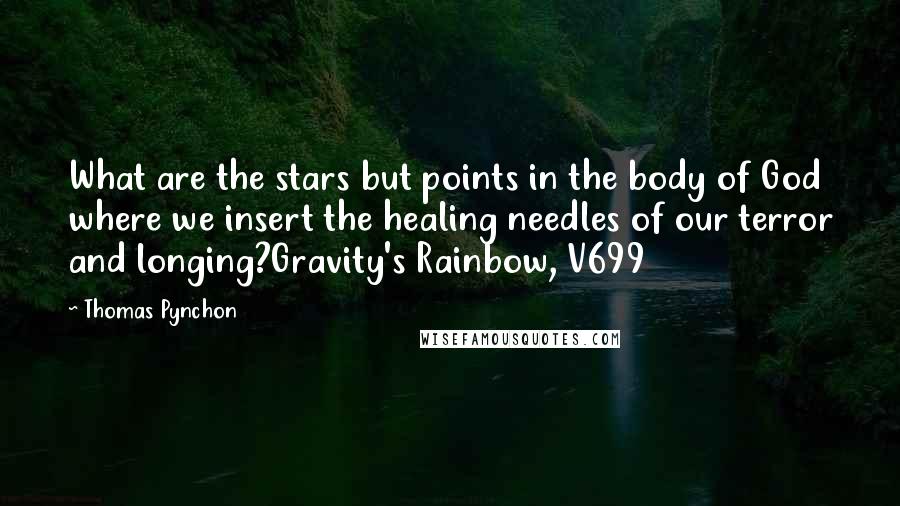 Thomas Pynchon Quotes: What are the stars but points in the body of God where we insert the healing needles of our terror and longing?Gravity's Rainbow, V699