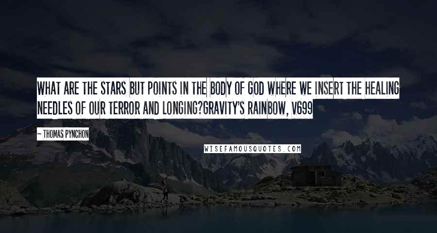 Thomas Pynchon Quotes: What are the stars but points in the body of God where we insert the healing needles of our terror and longing?Gravity's Rainbow, V699