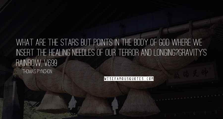 Thomas Pynchon Quotes: What are the stars but points in the body of God where we insert the healing needles of our terror and longing?Gravity's Rainbow, V699