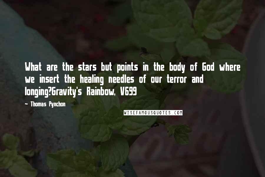 Thomas Pynchon Quotes: What are the stars but points in the body of God where we insert the healing needles of our terror and longing?Gravity's Rainbow, V699