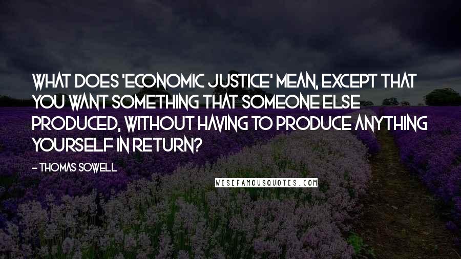 Thomas Sowell Quotes: What does 'economic justice' mean, except that you want something that someone else produced, without having to produce anything yourself in return?