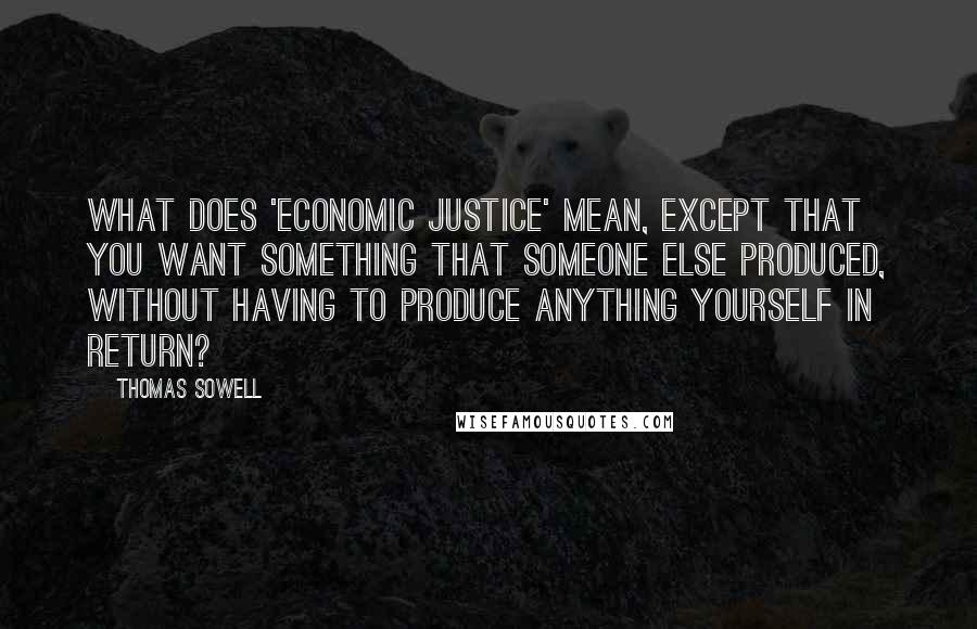 Thomas Sowell Quotes: What does 'economic justice' mean, except that you want something that someone else produced, without having to produce anything yourself in return?