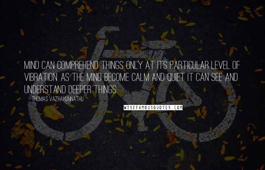 Thomas Vazhakunnathu Quotes: Mind can comprehend things only at its particular level of vibration. As the mind become calm and quiet it can see and understand deeper things.