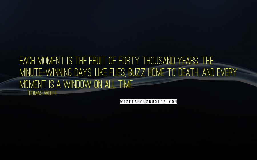 Thomas Wolfe Quotes: Each moment is the fruit of forty thousand years. The minute-winning days, like flies, buzz home to death, and every moment is a window on all time.