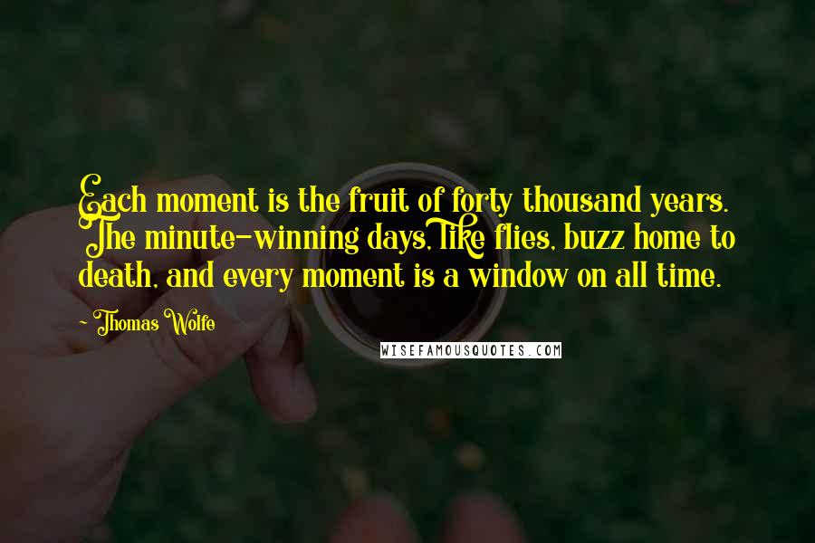 Thomas Wolfe Quotes: Each moment is the fruit of forty thousand years. The minute-winning days, like flies, buzz home to death, and every moment is a window on all time.