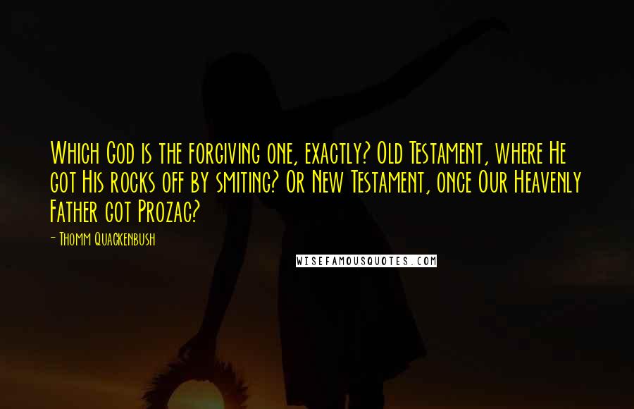 Thomm Quackenbush Quotes: Which God is the forgiving one, exactly? Old Testament, where He got His rocks off by smiting? Or New Testament, once Our Heavenly Father got Prozac?