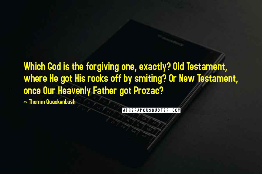 Thomm Quackenbush Quotes: Which God is the forgiving one, exactly? Old Testament, where He got His rocks off by smiting? Or New Testament, once Our Heavenly Father got Prozac?