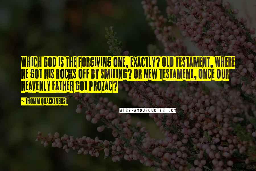 Thomm Quackenbush Quotes: Which God is the forgiving one, exactly? Old Testament, where He got His rocks off by smiting? Or New Testament, once Our Heavenly Father got Prozac?