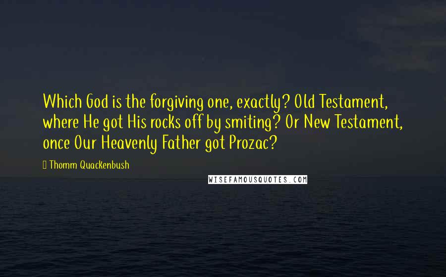 Thomm Quackenbush Quotes: Which God is the forgiving one, exactly? Old Testament, where He got His rocks off by smiting? Or New Testament, once Our Heavenly Father got Prozac?