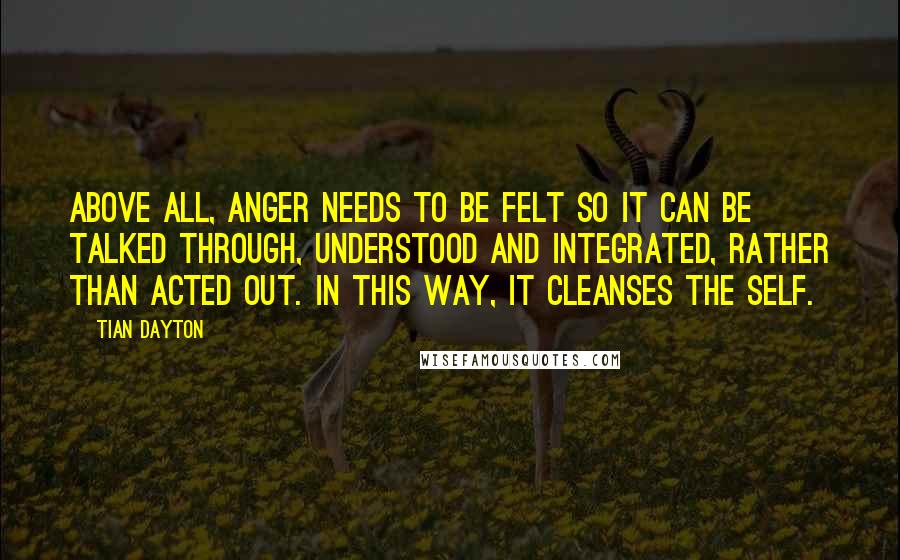 Tian Dayton Quotes: Above all, anger needs to be felt so it can be talked through, understood and integrated, rather than acted out. In this way, it cleanses the self.