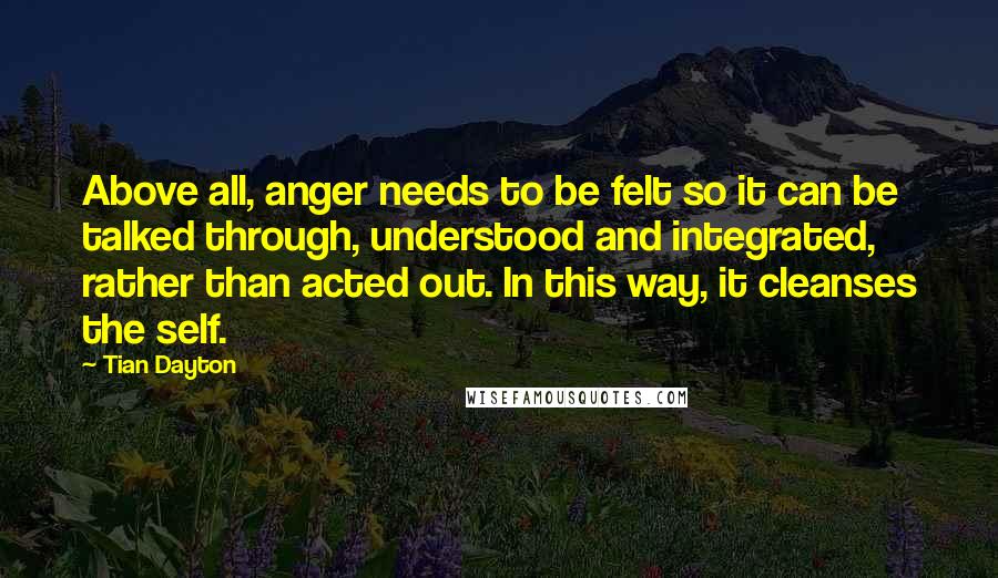 Tian Dayton Quotes: Above all, anger needs to be felt so it can be talked through, understood and integrated, rather than acted out. In this way, it cleanses the self.