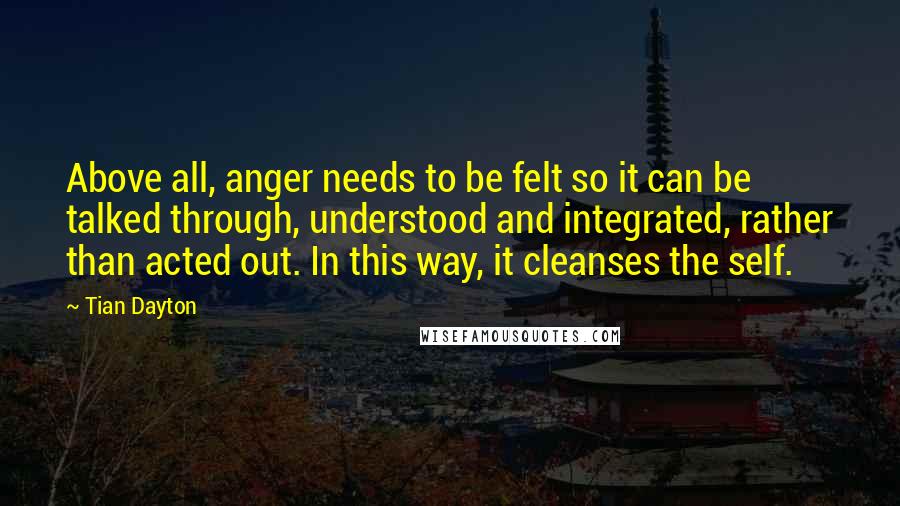 Tian Dayton Quotes: Above all, anger needs to be felt so it can be talked through, understood and integrated, rather than acted out. In this way, it cleanses the self.