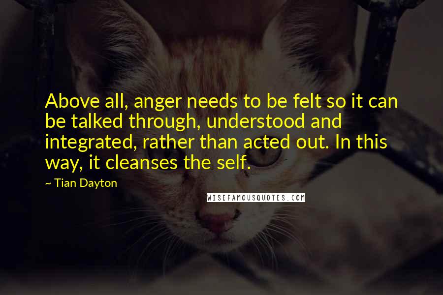 Tian Dayton Quotes: Above all, anger needs to be felt so it can be talked through, understood and integrated, rather than acted out. In this way, it cleanses the self.