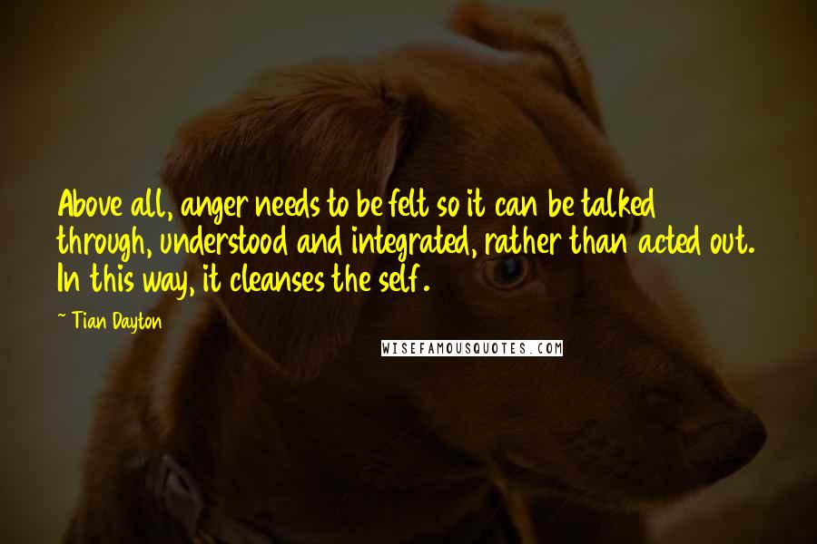 Tian Dayton Quotes: Above all, anger needs to be felt so it can be talked through, understood and integrated, rather than acted out. In this way, it cleanses the self.