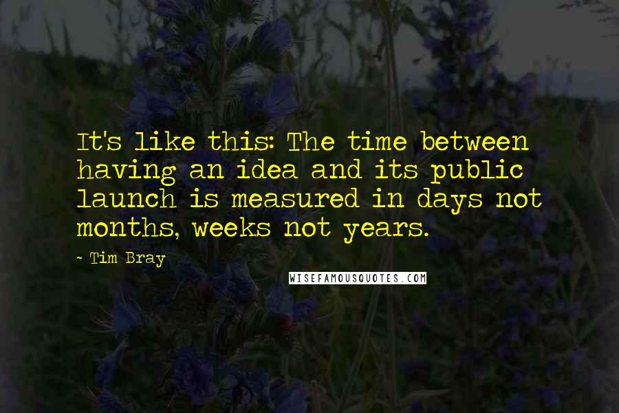 Tim Bray Quotes: It's like this: The time between having an idea and its public launch is measured in days not months, weeks not years.