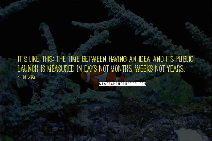Tim Bray Quotes: It's like this: The time between having an idea and its public launch is measured in days not months, weeks not years.