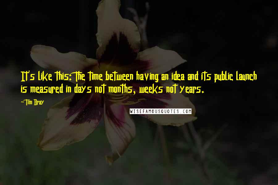 Tim Bray Quotes: It's like this: The time between having an idea and its public launch is measured in days not months, weeks not years.