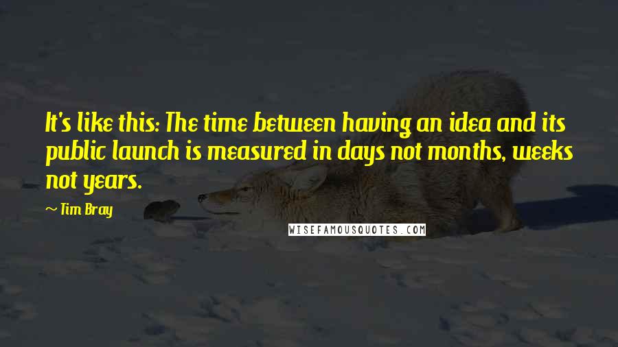 Tim Bray Quotes: It's like this: The time between having an idea and its public launch is measured in days not months, weeks not years.