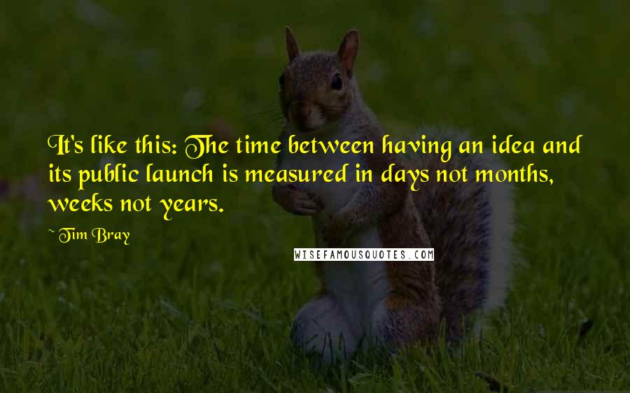 Tim Bray Quotes: It's like this: The time between having an idea and its public launch is measured in days not months, weeks not years.
