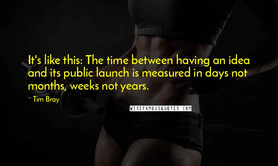 Tim Bray Quotes: It's like this: The time between having an idea and its public launch is measured in days not months, weeks not years.