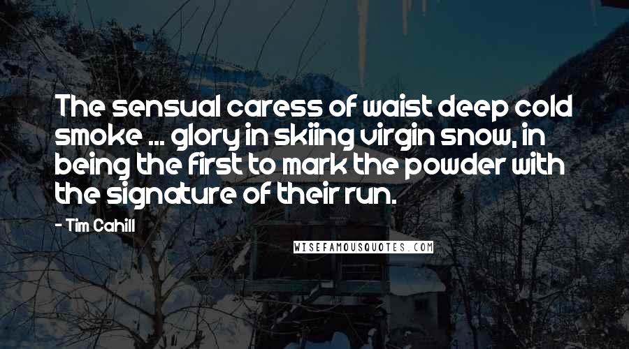 Tim Cahill Quotes: The sensual caress of waist deep cold smoke ... glory in skiing virgin snow, in being the first to mark the powder with the signature of their run.