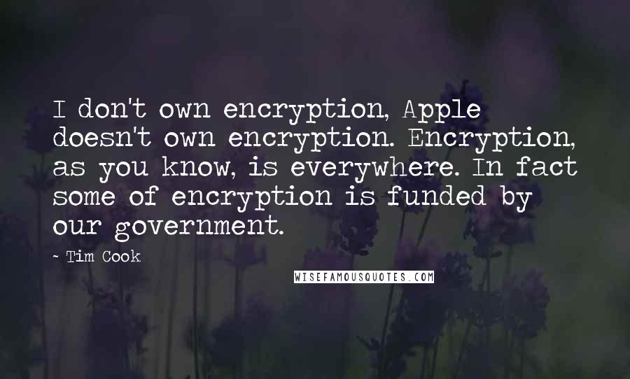 Tim Cook Quotes: I don't own encryption, Apple doesn't own encryption. Encryption, as you know, is everywhere. In fact some of encryption is funded by our government.