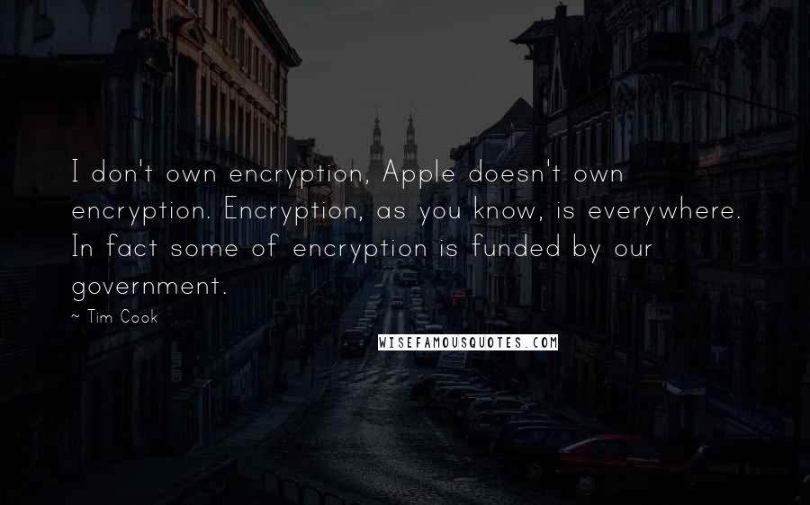 Tim Cook Quotes: I don't own encryption, Apple doesn't own encryption. Encryption, as you know, is everywhere. In fact some of encryption is funded by our government.