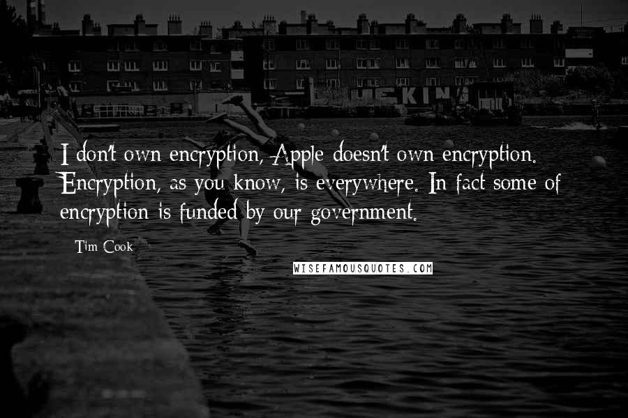 Tim Cook Quotes: I don't own encryption, Apple doesn't own encryption. Encryption, as you know, is everywhere. In fact some of encryption is funded by our government.