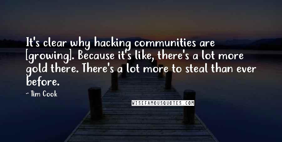 Tim Cook Quotes: It's clear why hacking communities are [growing]. Because it's like, there's a lot more gold there. There's a lot more to steal than ever before.