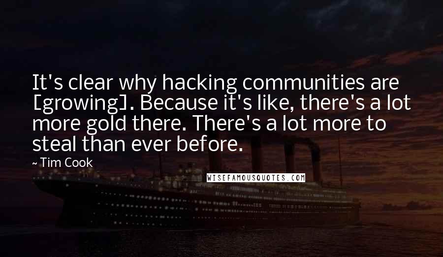 Tim Cook Quotes: It's clear why hacking communities are [growing]. Because it's like, there's a lot more gold there. There's a lot more to steal than ever before.