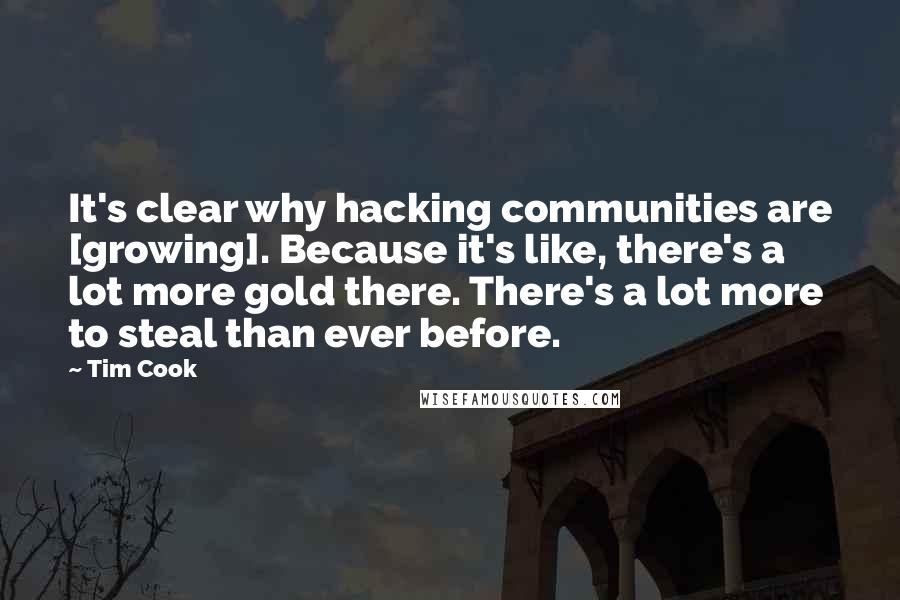 Tim Cook Quotes: It's clear why hacking communities are [growing]. Because it's like, there's a lot more gold there. There's a lot more to steal than ever before.