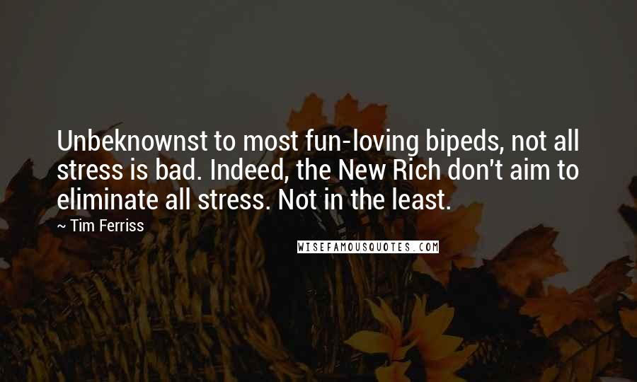 Tim Ferriss Quotes: Unbeknownst to most fun-loving bipeds, not all stress is bad. Indeed, the New Rich don't aim to eliminate all stress. Not in the least.