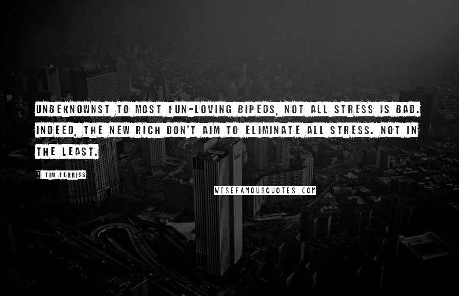 Tim Ferriss Quotes: Unbeknownst to most fun-loving bipeds, not all stress is bad. Indeed, the New Rich don't aim to eliminate all stress. Not in the least.