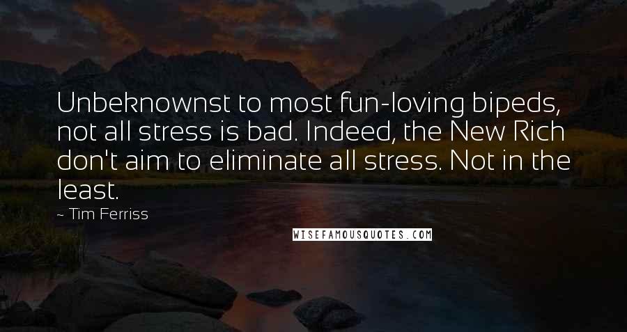 Tim Ferriss Quotes: Unbeknownst to most fun-loving bipeds, not all stress is bad. Indeed, the New Rich don't aim to eliminate all stress. Not in the least.