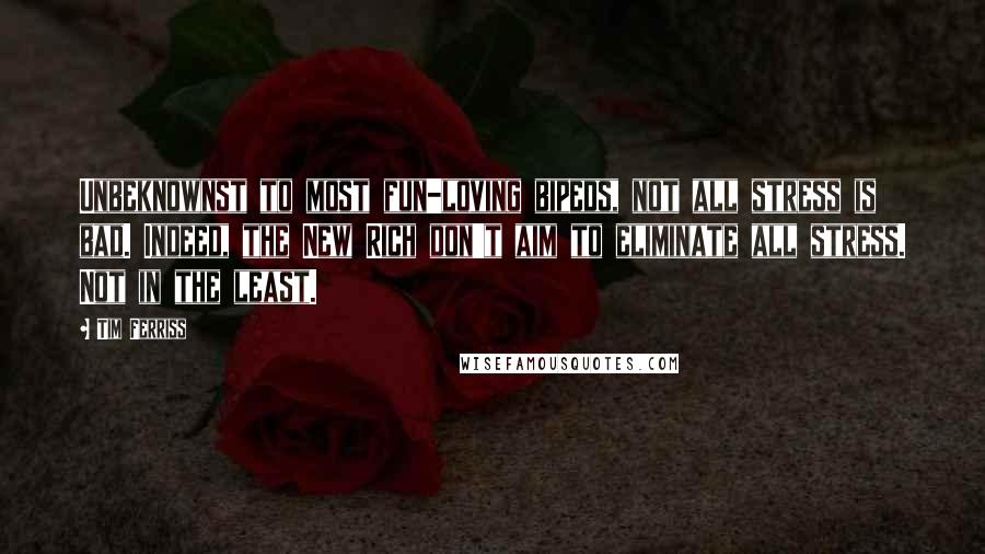 Tim Ferriss Quotes: Unbeknownst to most fun-loving bipeds, not all stress is bad. Indeed, the New Rich don't aim to eliminate all stress. Not in the least.