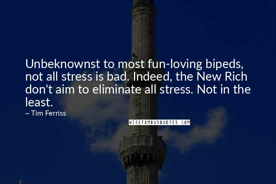 Tim Ferriss Quotes: Unbeknownst to most fun-loving bipeds, not all stress is bad. Indeed, the New Rich don't aim to eliminate all stress. Not in the least.