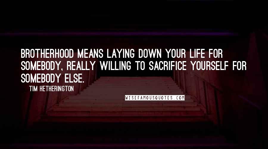 Tim Hetherington Quotes: Brotherhood means laying down your life for somebody, really willing to sacrifice yourself for somebody else.